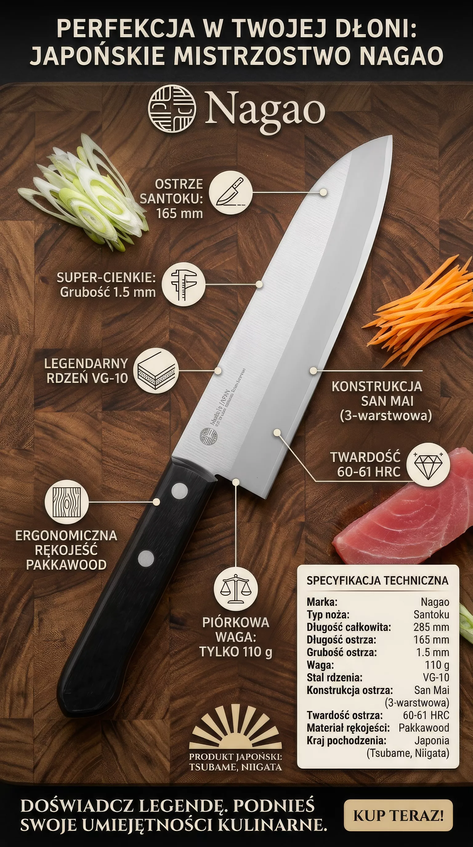 Japoński nóż Santoku Nagao Tsubamesanjo VG-10 16,5 cm