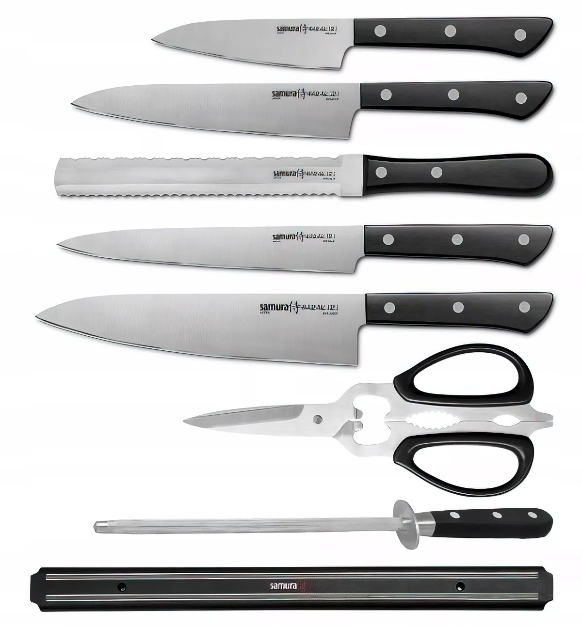 Samura Harakiri Zestaw 5 Noży Kuchennych, Nożyczki, Stalka, Listwa Magnetyczna