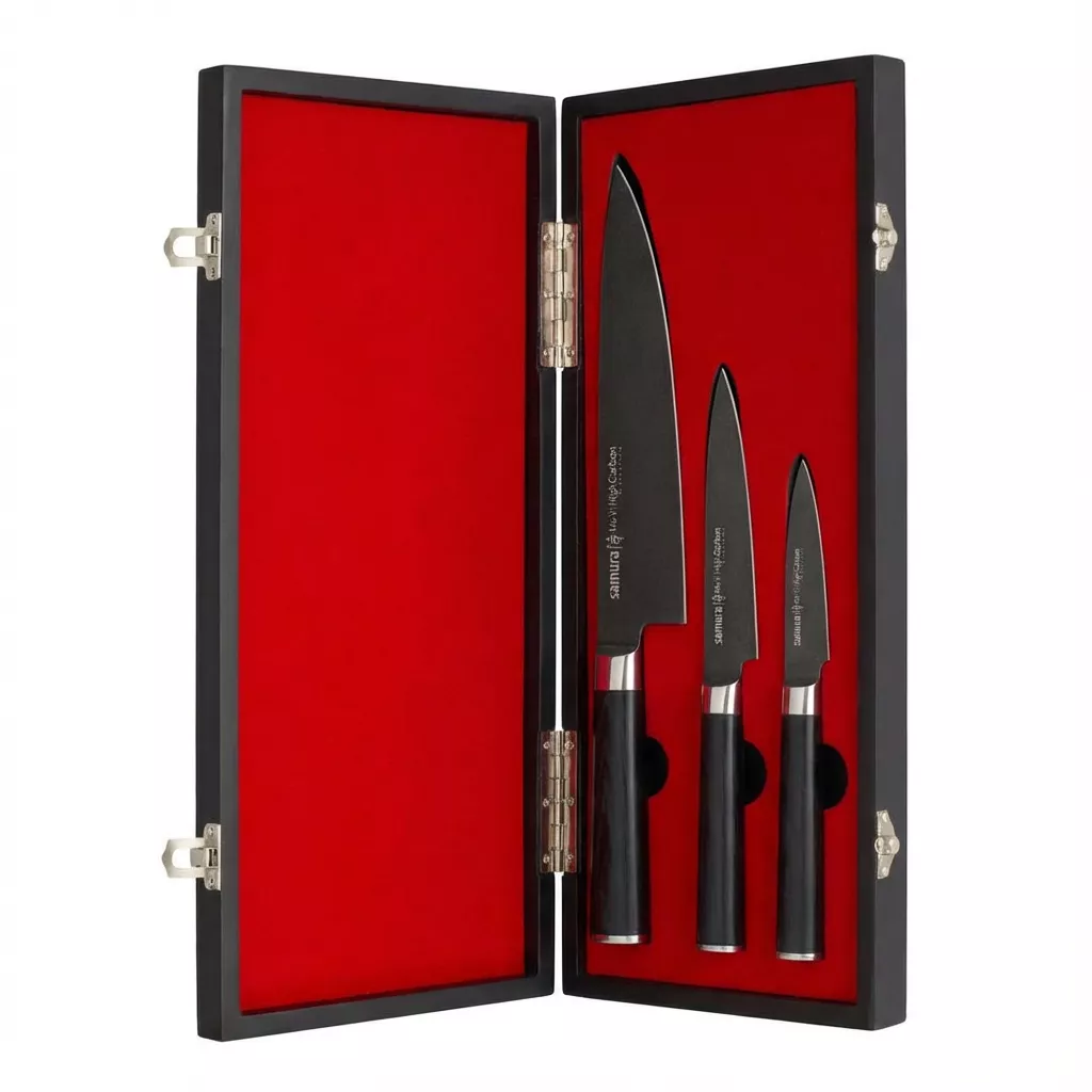 Samura MO-V Stonewash Zestaw 3 Noży Kuchennych w Drewnianym Pudełku