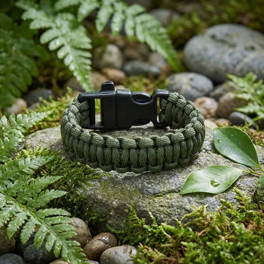 Bransoletka survivalowa paracord z gwizdkiem oliwkowa 22 cm