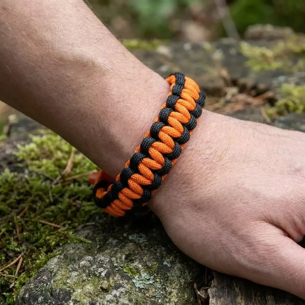 Survivalowa bransoletka paracord 22 cm z gwizdkiem pomarańczowo-czarna