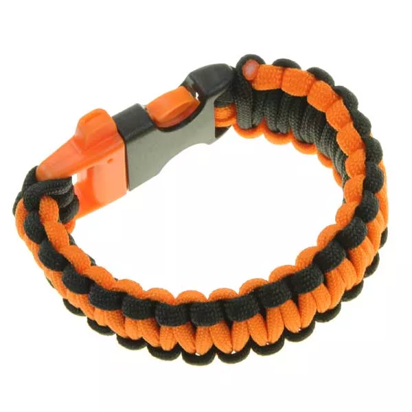Survivalowa bransoletka paracord 22 cm z gwizdkiem pomarańczowo-czarna