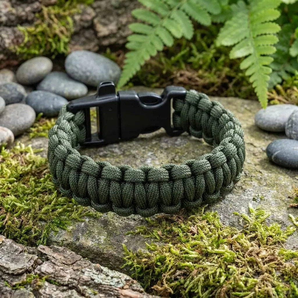 Survivalowa bransoletka paracord 3m z gwizdkiem Green Camo 22 cm